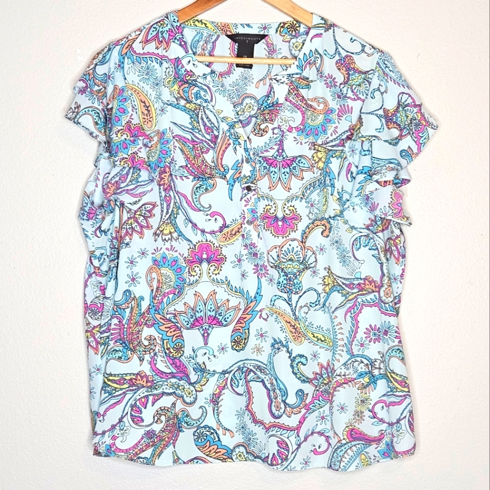 Investments Blue Floral Cap Sleeves Pullover Top Size 2X